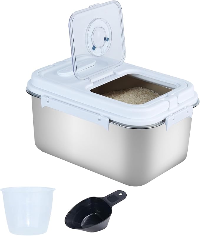 AnRui Flour Storage Container, Airtight Rice Cereal Dispenser Organizer Bucket with Stainless Steel Inner Liner, Large Grain Storage Bucket with Lid, Sugar Storage Pantry for Kitchen, Silver (9.08Qt)