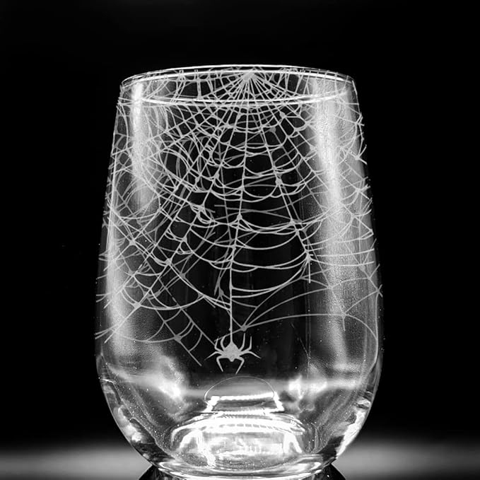 SPIDERWEBS Engraved 17oz Stemless Wine Glass | Great Halloween Scary Spooky Creature Gift Idea!