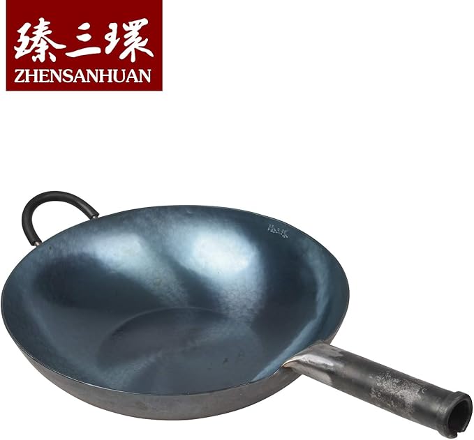 臻三环 ZhenSanHuan HandHammered Iron Wok Flat Bottom Induction Suitable (34CM Iron Handle with Help)