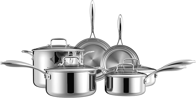 5-Ply 10 Pcs Stainless Steel Cookware Set, Pots and Pans Set, Frying Pans, Saucepans, Saute Pan and Stock Pot, Compatible with All Cooktops