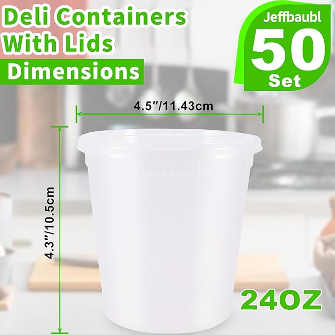 Jeffbaubl 24oz Deli Containers with Lids, 50 Pack Leakproof Clear Takeout Container, Deli Food Storage Containers, BPA Free Stackable Plastic Soup Container, Microwave Dishwasher Freezer Safe