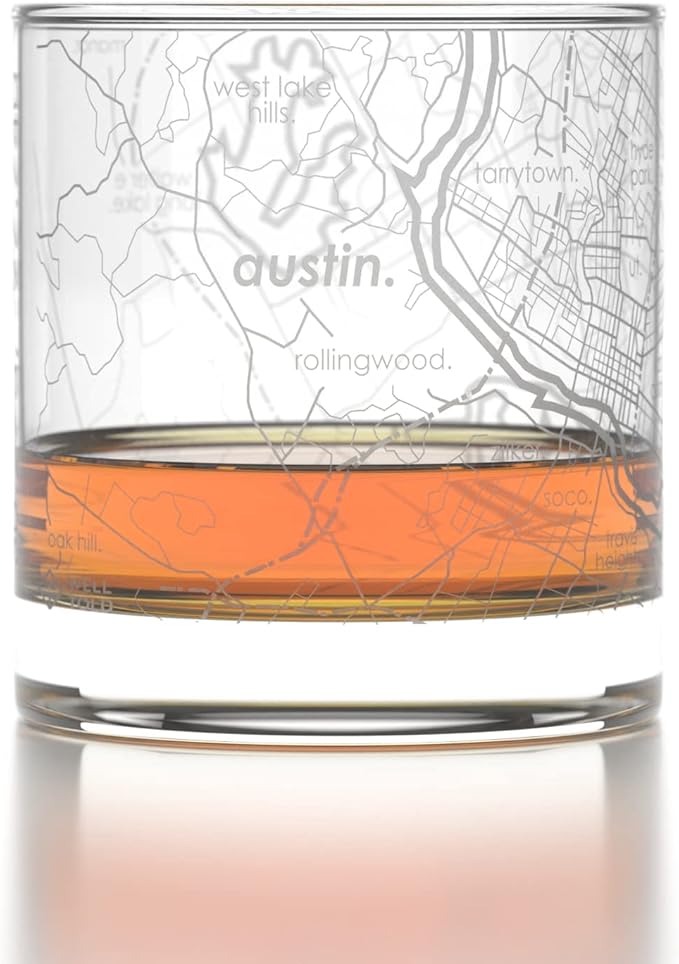 Well Told Engraved Austin Texas Map Rocks Glass, Old Fashioned Whiskey Glass (11 oz, Clear) Etched Whiskey Glass, Gifts For Whiskey Lovers