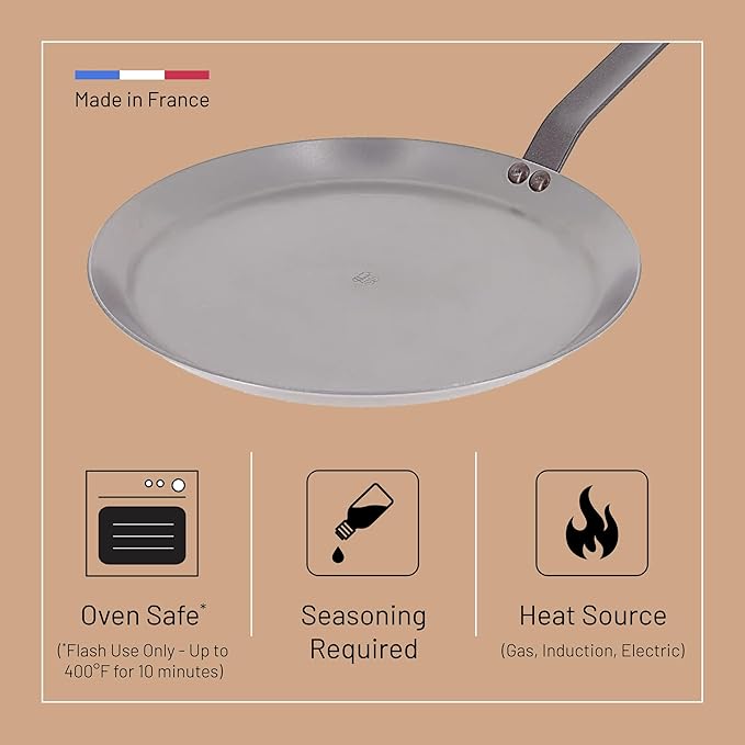 de Buyer MINERAL B Carbon Steel Crepe & Tortilla Pan - 9.5” Diameter, 8.3” Cooking Surface - Ideal for Making & Reheating Crepes, Tortillas & Pancakes - Naturally Non-Stick Finish - Made in France