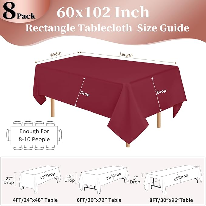 8 Pack Burgundy Tablecloth 60x102 Inch Rectangle Table Cloth for 6 Foot Rectangle Tables, Wrinkle Resistant Washable Polyester Fabric Rectangular Table Cover for Dining Banquet Wedding Party