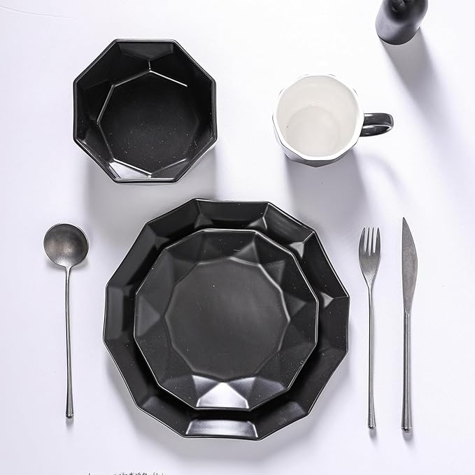 Stone + Lain Jamie Porcelain 16-Piece Geometric Dinnerware Set, Black