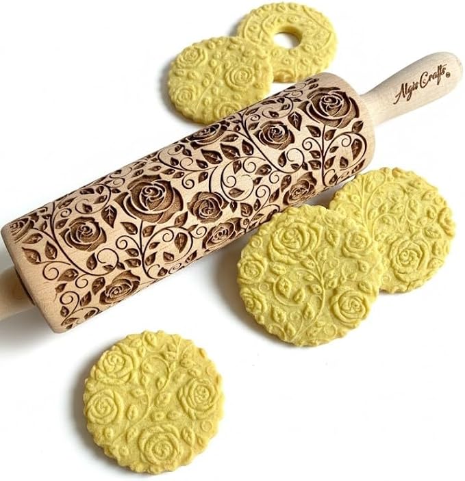 DAMASCUS ROSES Embossed Rolling Pin Wooden Embossing Dough Roller for Cookies and Ceramic by Algis Crafts