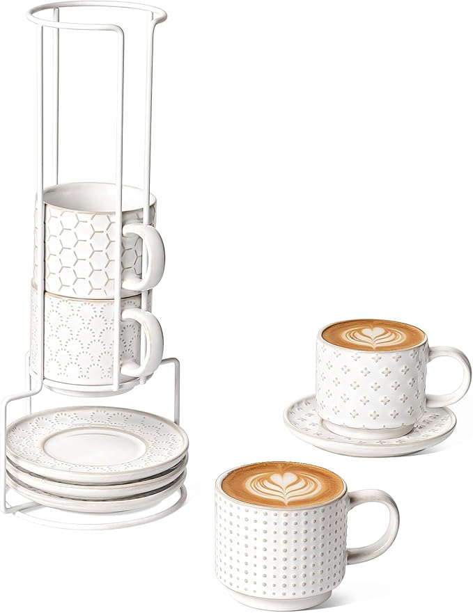 LE TAUCI Stackable Cappuccino Cups with Saucers and Stand, Set of 4, 6 oz Ceramic Coffee Cup Set for Espresso Au Lait, Flat White, Tea, Americano, Dishwasher & Microwave Safe, Embossed, White