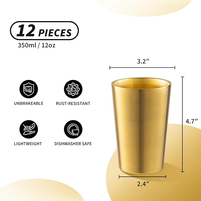12 Pack 12 oz Stainless Steel Insulated Cup, Double Wall Vacuum Small Metal Cup, Reusable Camping Cups Unbreakable Indoor Outdoor for Party, Home, Office, BBQ, Gold