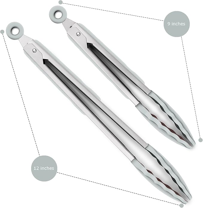 2 Pack Warm Grey Kitchen Tongs, Premium Silicone BPA Free Non-Stick Stainless Steel BBQ Cooking Grilling Locking Food Tongs, 9-Inch & 12-Inch