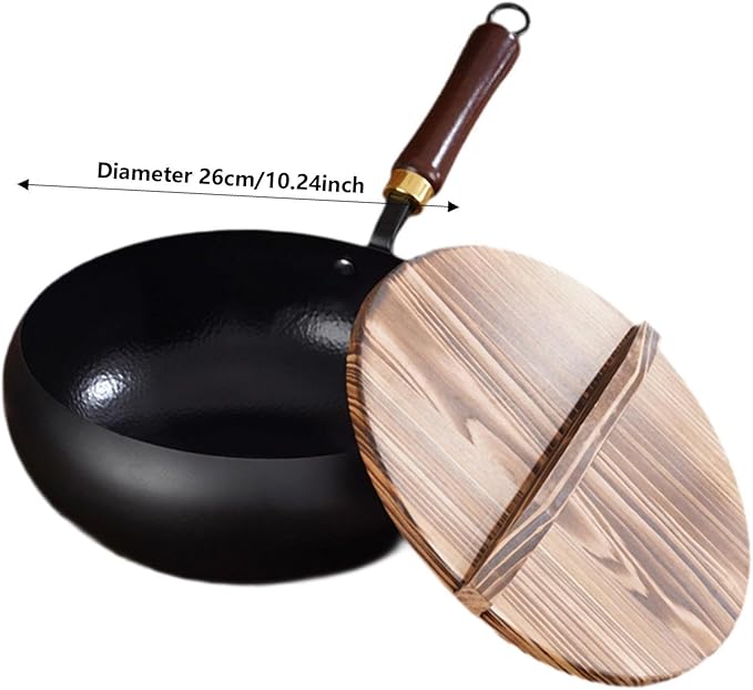 Iron Wok Nonstick Wok with Wooden Lid Soup Pot Skillet Frying Pan for Stir Frying and Stewing Open Flame Cooking Gas Stoves, 26cm
