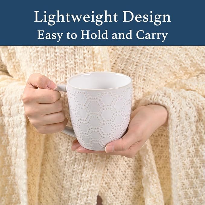 14oz Embossed Ceramic Coffee Cups - Set of 4, Lead-Free Microwave & Dishwasher Safe Coffee Mugs for Home Office Café Tea Cocoa