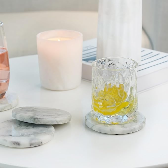 Koville Marble Coaster Set of 4, Round White Coasters, 4" Cup Coasters for Drinks, Heat Resistant Coaster for Coffee Table Home Office Bar Decor(Bianco Palomino)