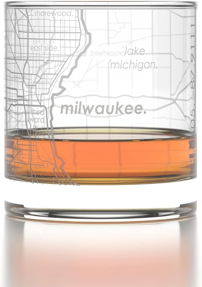Well Told Engraved Milwaukee Wisconsin Map Rocks Glass, Old Fashioned Whiskey Glass (11 oz, Clear) Etched Whiskey Glass, Gifts For Whiskey Lovers
