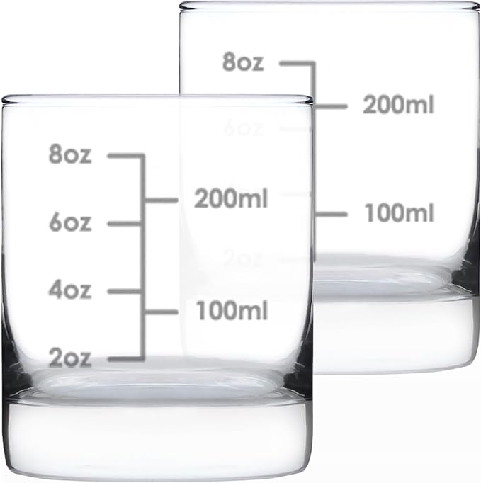 Bevvee Cocktail Measuring Cup - Whiskey Rocks Glass - Engraved Measurement Lines for Bartender & Portion Control - Ounces and Metric - Set of 2-10.25 oz Glasses
