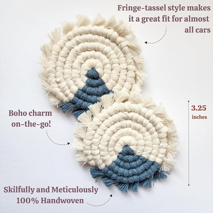 Cotton Car Coasters for Cup Holders, 2PC Car Cup Coasters, Drink Coaster Holder, Cute cupholder Coaster Accessories for Women, Macrame, Boho (Mystic Peacock)