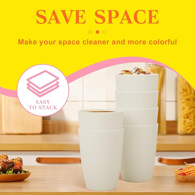 Homienly Wheat Straw Cups 12oz Unbreakable & Easy to Clean Cups Reusable Outdoor Drinking Cups for Travel,Camping,Picnic, Refrigerator and Dishwasher Safe Stackable Water Tumblers- White