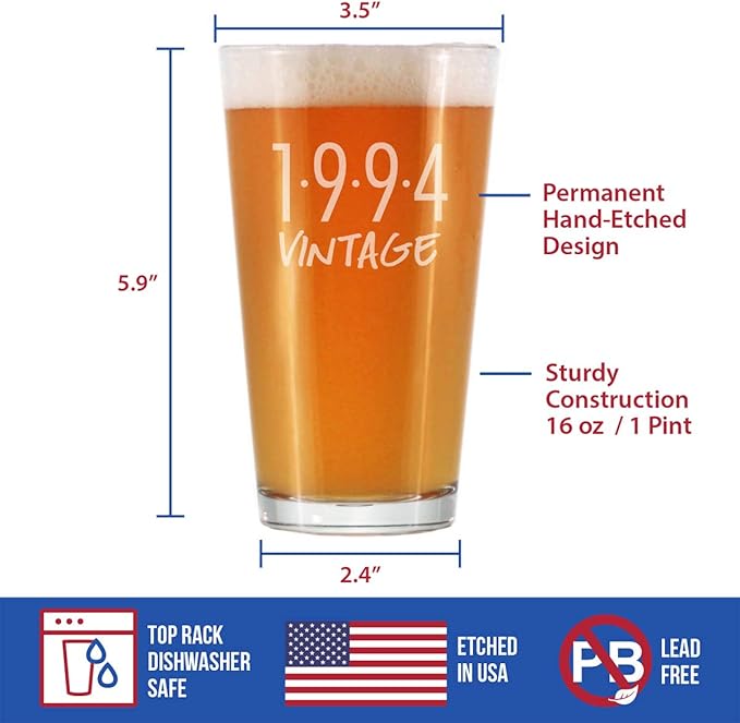 Bevvee Vintage 1994 Pint Glass for Beer - 32nd Birthday Gifts for Men or Women Turning 32 - Fun Bday Party Decor - 16 oz