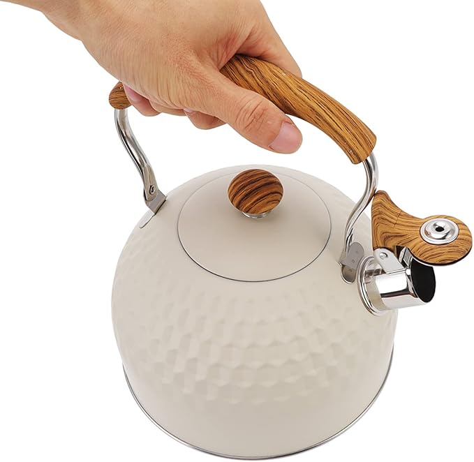 Stainless Steel Tea Kettle stove top kettle whistling Tea Pots for Stove Top Food Grade Whistling Tea Kettle with Wood Pattern Folding Handle for Tea Coffee Milk
