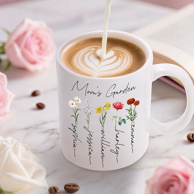 Custom Christmas Coffee Mug Gifts for Mom,11oz Personalized Ceramic Mama Cup with Photo Text & Birth Flower, Customized Birthday Gift for New Moms (Mom-Flowers & Names)