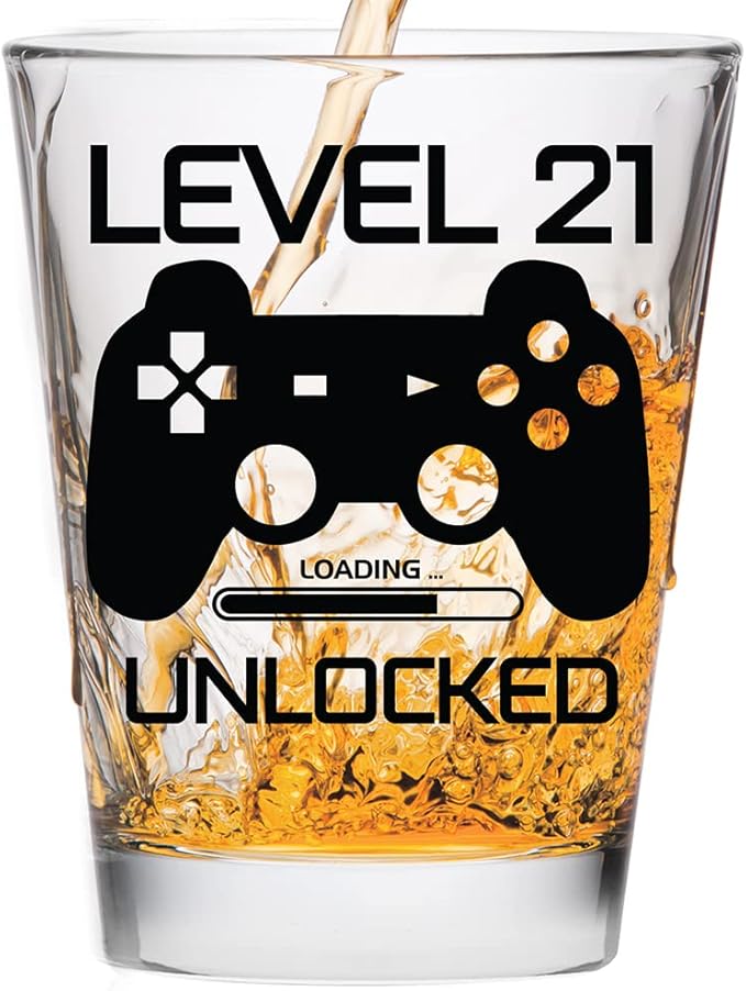 Make Em Laugh Level 21 Unlocked Shot Glass – Funny 21st Birthday Shot Glass for Him or Her – Celebrate Turning Twenty-One with Party Supplies and Drinking Gifts for Men and Women