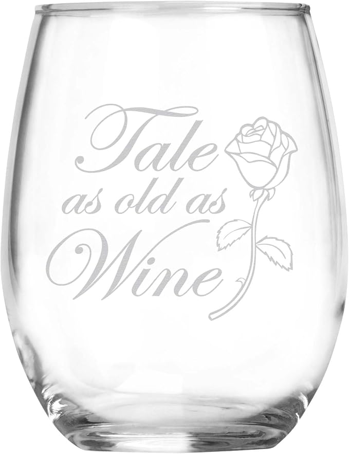 Tale as Old as Wine Engraved Wine Glass – Romantic Rose Glass for Fairytale & Wine Lovers, Gifts for Women, Weddings, and Anniversaries, Unique Birthday, Christmas Gift