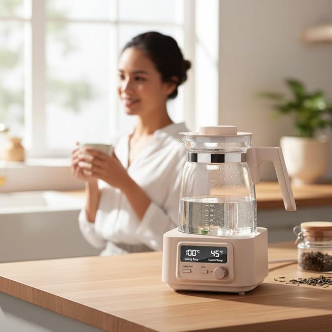 Babysmooth Smart Kettle Pro Electric Glass Kettle, 1.3L Capacity, Digital LED Display, Temperature Control 40-100°C, Auto Keep Warm Function, Silent Operation, Beige, for Tea and Coffee Brewing
