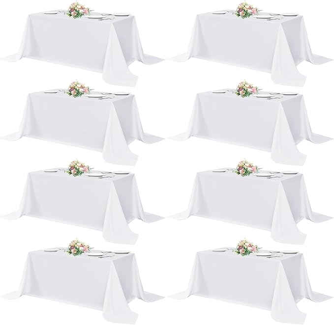 sancua White Table Cloths Rectangle, 8 Pack 90x132 Inch Tablecoths Rectangular for 6 Foot Tables - Washable Polyester Fabric Table Cover for Wedding, Birthday Party, Banquet Reception