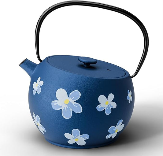 Toptier Teapot with Removable Infuser, Cast Iron Tea Kettle Stovetop Safe, Solid Geometry Ball Design Tea Pot Coated with Enameled Interior for 32 Ounce (950 ml), Navy Flower