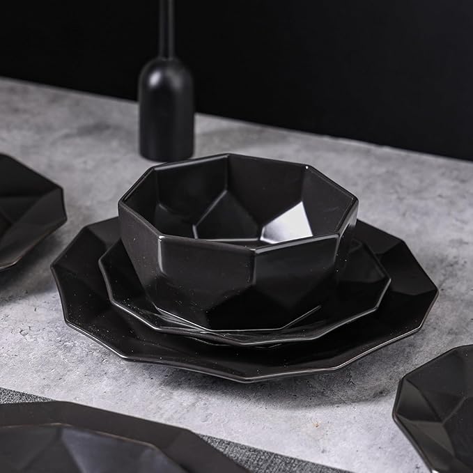 Stone + Lain Jamie Porcelain 16-Piece Geometric Dinnerware Set, Black