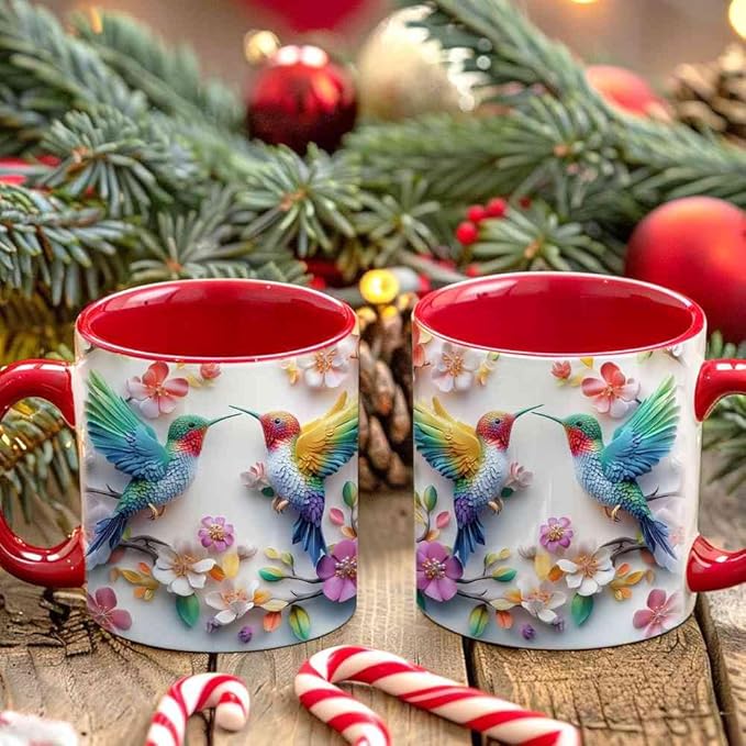 Couple Hummingbird Christmas Coffee Mugs - Hummingbird Christmas Mugs for Women Men Dad Mom Kids Adults - Birthday Xmas Gifts for Friends Coworkers Bird Lovers - 11oz Printed Ceramic Coffee Cups