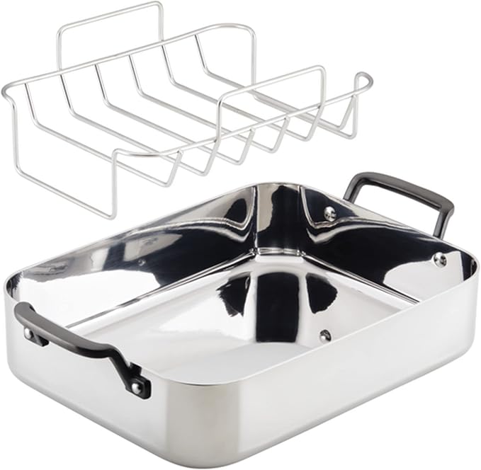 KitchenAid 5-Ply Clad Stainless Steel Roasting Pan/Roaster with Removable Rack, 15 Inch x 11.5 Inch - Polished Stainless Steel