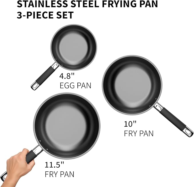 Non Stick Frying Pans, Stainless Steel Kitchen Nonstick Cookware Set of 3, 10” 11.5” 5” Pan, Compatible with All Stoves