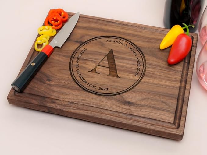 Personalized Cutting Board, Custom Wedding, Anniversary or Housewarming Gift Idea, Wood Engraved Charcuterie, for Couples, Family and Clients (Couples Stamp 088)