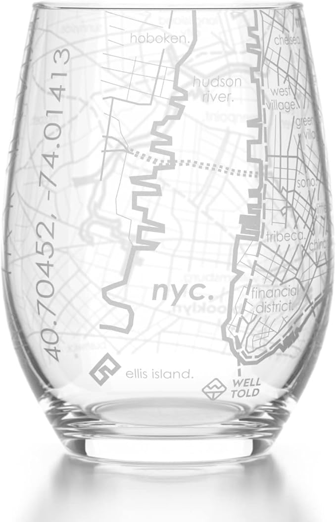 Well Told Engraved New York City Map Stemless Wine Glass, Etched Glass (15 oz, Clear) Custom Gifts for Lovers