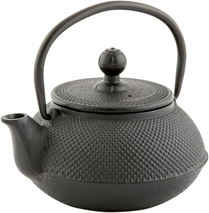 Restaurantware Tetsubin 20 Ounce Cast Iron Teapot 1 Hobnail Iron Teapot - With Strainer Retains Heat Black Cast Iron Japanese Tea Kettle Curved Handle