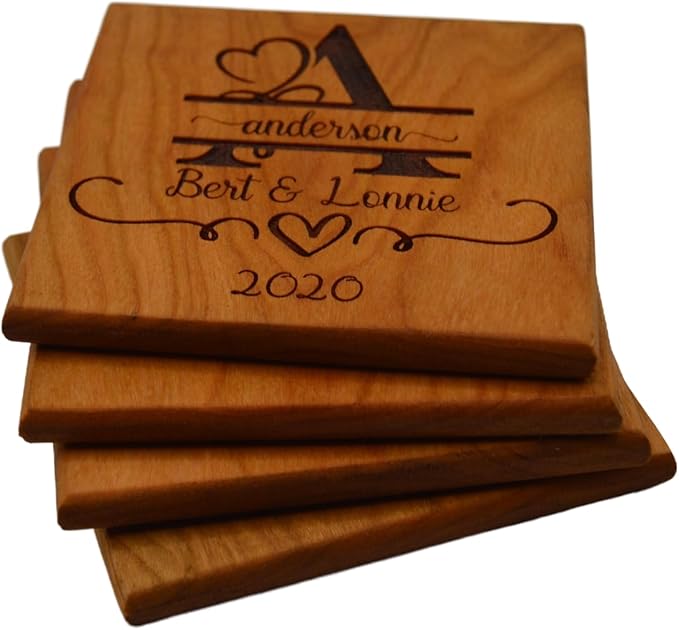 Personalized Wooden Coasters with Monogram, Wedding Date Engraved, Family Name- Choice of Wood (Wedding Couple)