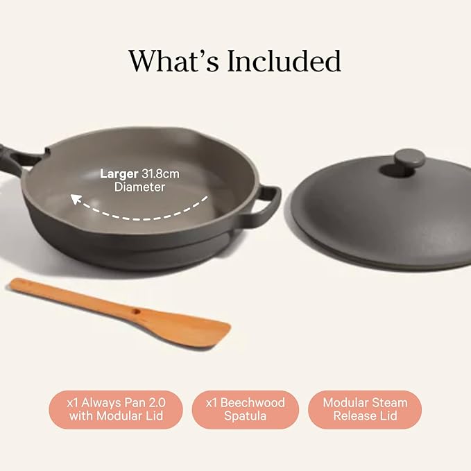 Our Place Large Always Pan | 12.5" Ceramic Pan with Modular Lid & Beechwood Spatula | Patented 10-in-1 Nonstick, Non-Toxic Cookware Made Without PFAS | Induction & Oven-Safe up to 450°F | Char