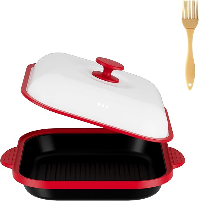 Microwave Grill Pan with Cover | Microwave Bacon Cooker | Griller & Crisper Pan for Grilling, Frying, Browning and Crisping | Microwave Cookware for Grill Meat | Dishwasher Safe for Dorms,Office,RV