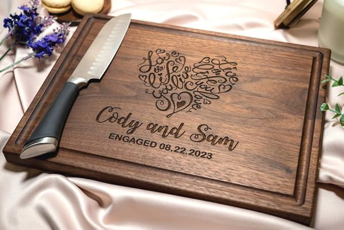 Personalized Cutting Board, Custom Wedding, Anniversary or Housewarming Gift Idea, Wood Engraved Charcuterie, for Newlyweds and Couples, Heart Home Design 041