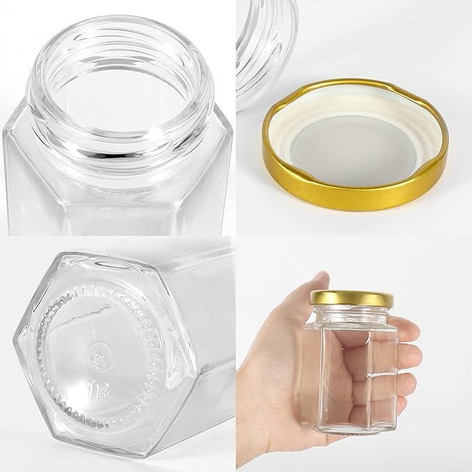 Keketin 4 oz Hexagon Glass Jam Jars with Gold Lids,30 Pack Canning Jars for Jams,120ml Small Glass Honey Jar for Food Storage,Spices,Sauces,Baby Foods,Wedding Favors and Jars Crafts