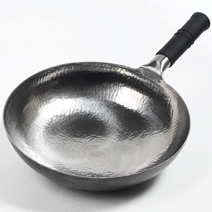 Wok pan 5th Generation, Traditional Hand Hammered Uncoated Carbon Steel Pow Wok with one piece Steel Handle one piece pan (13.3 Inch, Round Bottom) 1.8 mm thickness