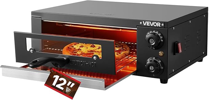 VEVOR Electric Pizza Oven, 12 in Countertop Pizza Oven, 77 to 572°F Temp Range, 1450W Indoor Pizzas Maker w/Timing & Temp Control, Pizzas Cooker w/Dual Heat Tube, Grill Rack, for Kitchen & Commercial