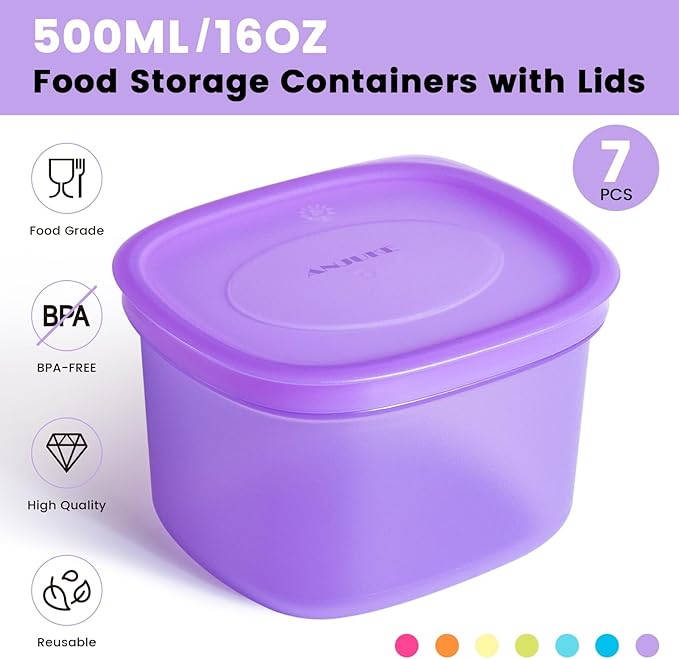 7-Pack Meal Prep Containers (500ml / 17oz) — Reusable Plastic Food Storage with Lids for Portion Control & School Lunches, Microwave/Freezer Safe Stackable Bento Box