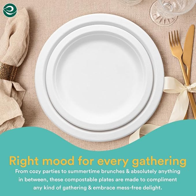 ECO SOUL Compostable 9 Inch(200-Pack) Biodegradable Heavy-Duty Disposable Eco-Friendly Paper Plates for Dinner & Parties, Wedding, Event(White)
