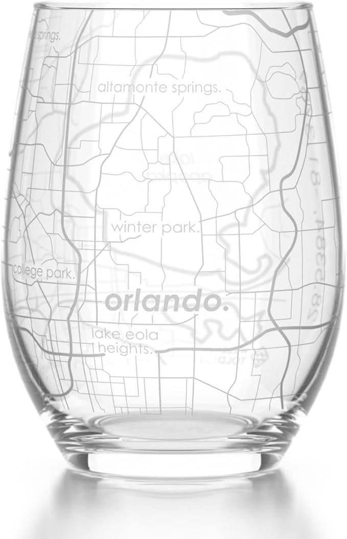 Well Told Engraved Orlando Florida Map Stemless Wine Glass, Etched Glass (15 oz, Clear) City Custom Gifts for Lovers
