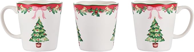 Bico Ribbon Christmas Scalloped Ceramic Mug Set of 4, Christmas Coffee Mugs, 15oz Holiday Cups for Tea, Cocoa, or Hot Drinks, Microwave & Dishwasher Safe