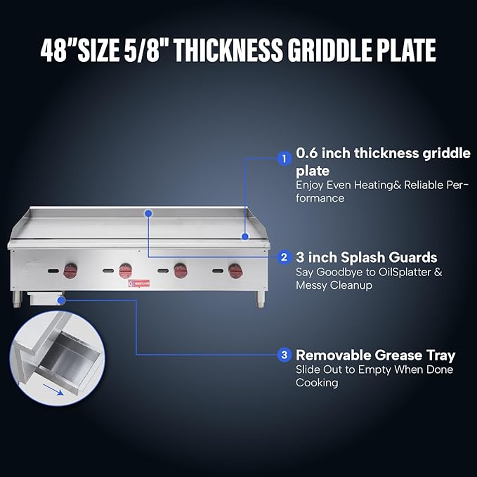 WESTLAKE 48"W Commercial Gas Griddle Countertop Natural Gas and Propane Griddle with 4 Burners 120000 BTU, Stainless Steel Plate Grill for Restaurants