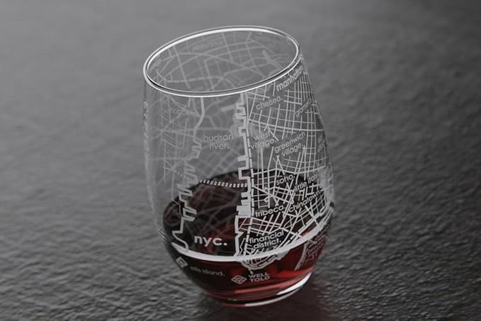 Well Told Engraved New York City Map Stemless Wine Glass, Etched Glass (15 oz, Clear) Custom Gifts for Lovers