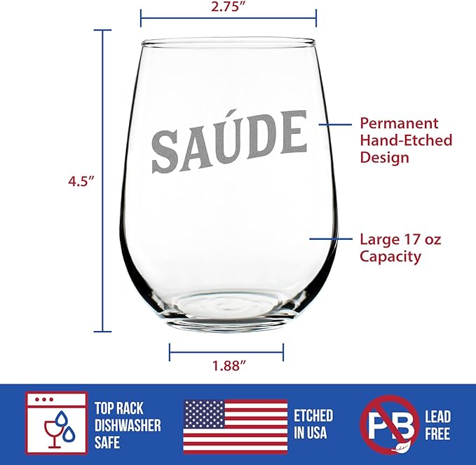 Custom Saude - Portuguese Cheers - Personalized Stemless Wine Glass - Portugal Themed Gifts or Party Decor for Women - Large - Customized Wine Glass Gift