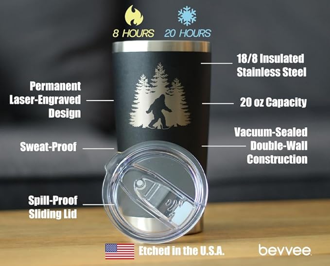 Bigfoot - Insulated Coffee Tumbler Cup with Sliding Lid - Stainless Steel Insulated Mug - Funny Bigfoot Gifts for Sasquatch Enthusiasts - Black